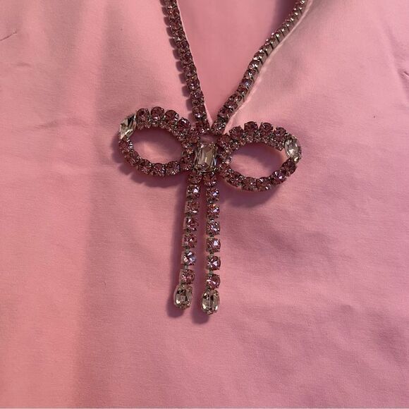 Area Crystal Bow V-Neck Ponte Knit T-Shirt Minidress - Picture 4 of 5